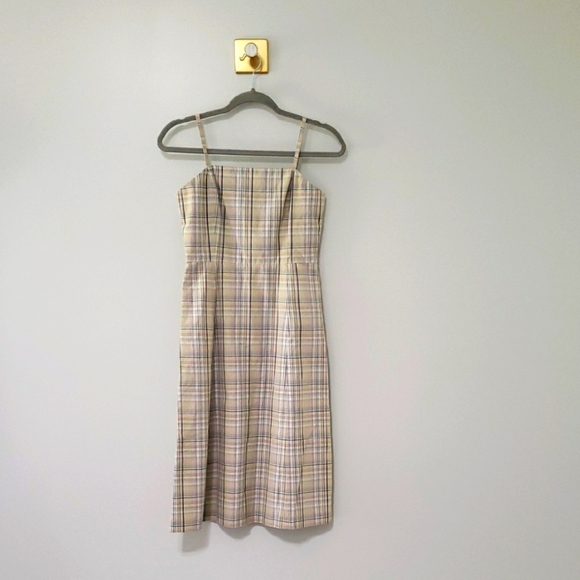 J. Crew Midi Dress 2 Tan Plaid Spaghetti Strap 100% Cotton Cottage Preppy Casual - Picture 1 of 15